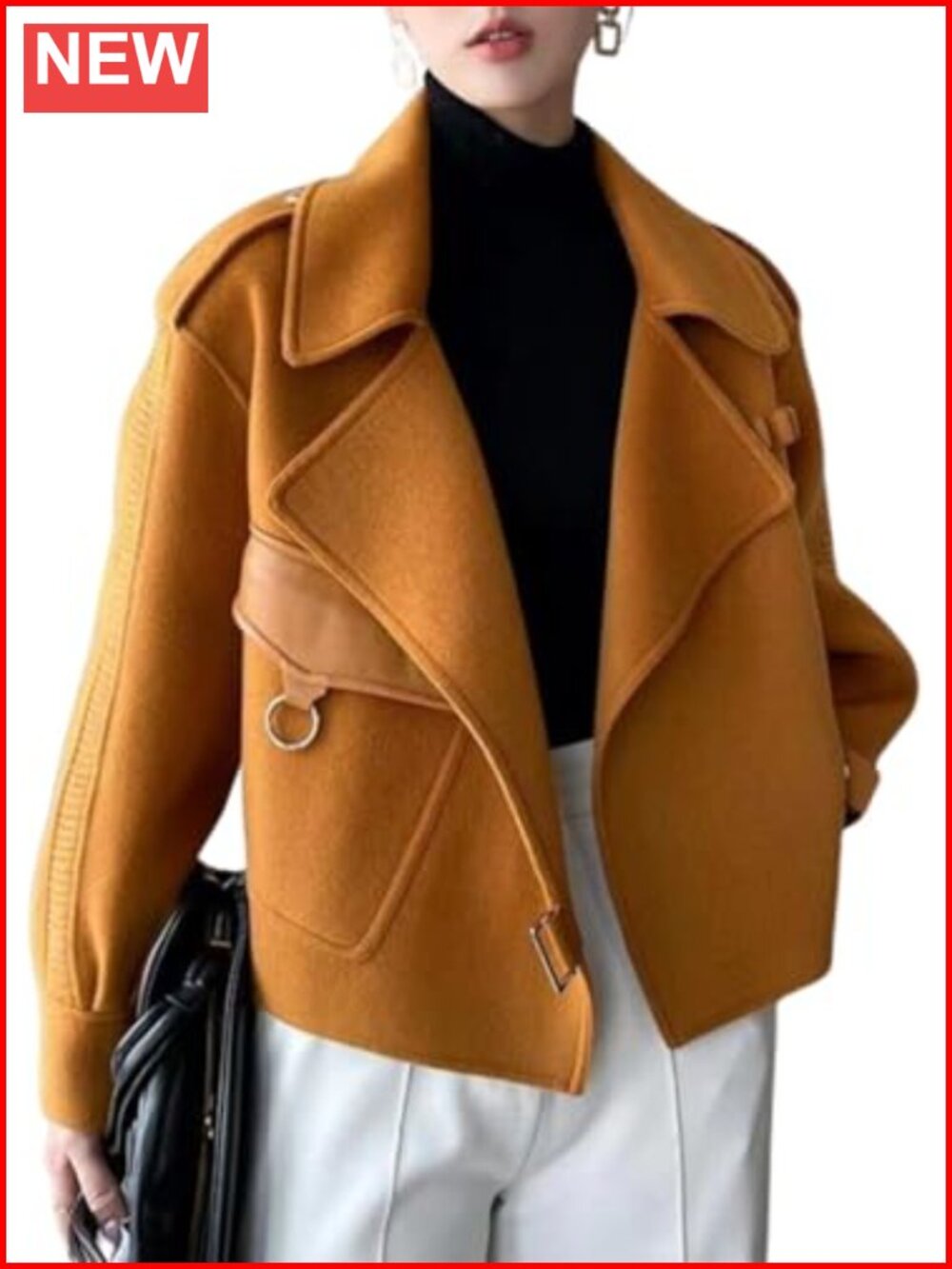 Cropped Wool Blend Notch Lapel Pea Coat Relaxed Fit Long Sleeve